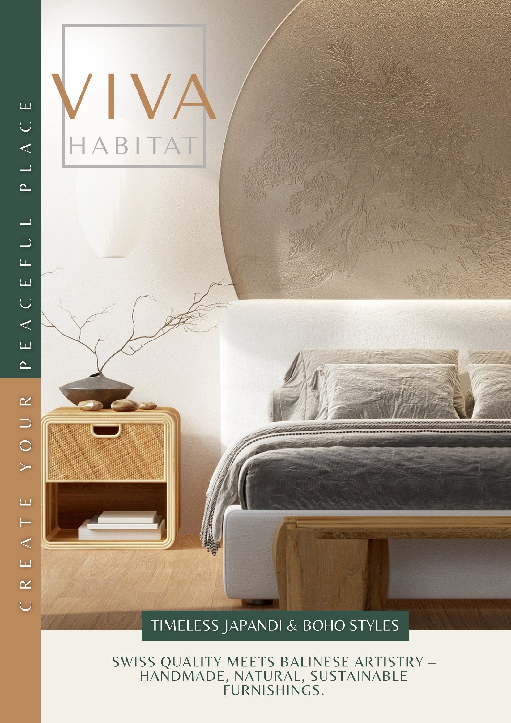 VIVA HABITAT advertisement for bedroom furniture with a bed and side table.